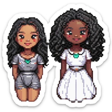 illustration of two women, one with light skin and one with dark skin, both with black curly hair, black eyes, full lips, smiling expression, pixel art style sticker