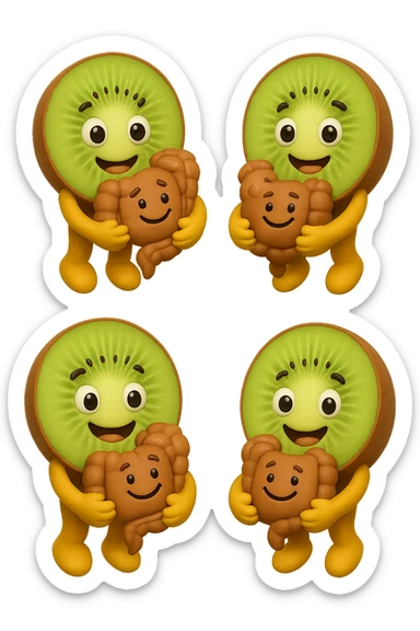 emoji stile iphone di kiwi fluttuano in aria tenendo in mano un pezzo di colon con espressione felice in volto, iperrealistico 4k sticker