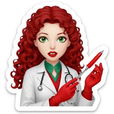 Lilith symbol sexy evil woman. She has green eyes.  had brown long curly hair.  evil surgeon kills with scalpel wears red sexy doctor coat with red mouth cover red gloves. Covers nose, neck  and mouth with red face berka sticker