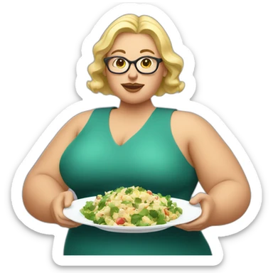 Blonde fat woman with glasses with a large plate of olivier salad sticker