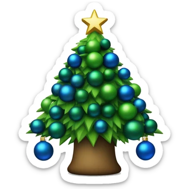 Christmas tree decorated with blue and green balls, with an black oil symbol on the star sticker