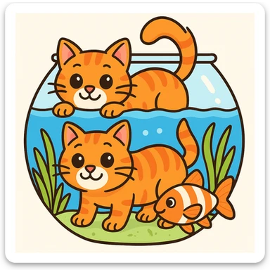 A red-haired cat and a goldfish aquarium in 3d-emoji style, more cartoonish sticker