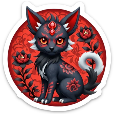 Asian-painted tattooed oriental Floral gothic edgy emo cool and ruby-jewelry-adorned Absol-Litten-Zorua-Houndour-fusion-Fakemon-animal-creature  sticker