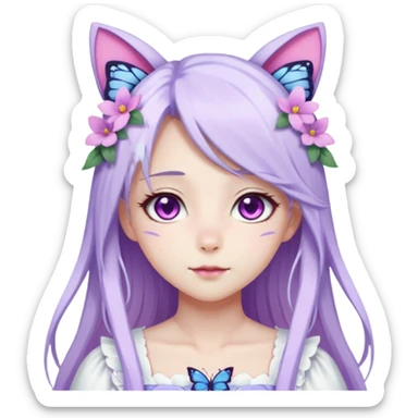 female anime character with pink eyes long white hair and periwinkle highlights and cat ears on her head. She is wearing a white dress with purple flowers and butterfly. sticker