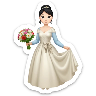 Chica blanca,cuerpo entero, vestido boda ,manga larga ,con estola, pelo negro,    ramo de flores una mano, pelo recogido en moño alto sticker