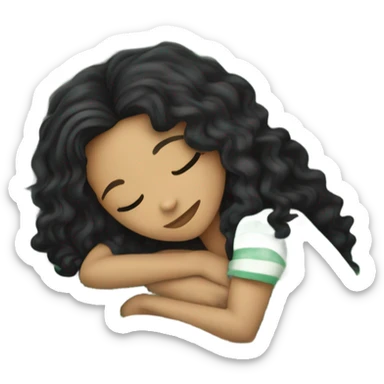 light skin color girl with long curly black hair sleeping in a bed with faded green striped comforters sticker