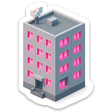 Russian panel apartment building, square block, light gray, pink glowing windows, visible entrance, satellite TV dish on the roof, isometric view sticker