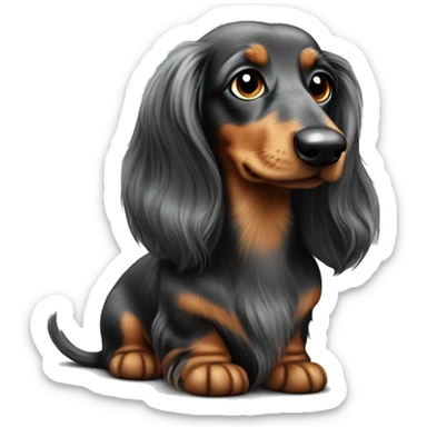3 longhaired dachshunds, two of which black and tan and the other one merle grey sticker