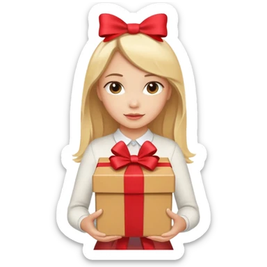 сгенерируй светловолосую девушку, держащую светло-коричневую подарочную коробку с бантиком sticker