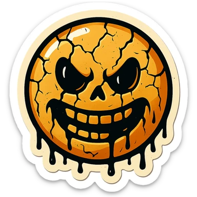 scary emoji with cracks, drips and chips, sharp black outlines, clear shadows and highlights, no gradients, retro stickers style sticker