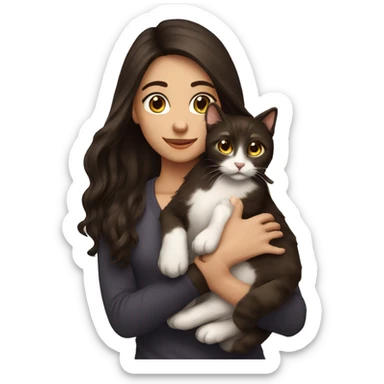 Beautiful woman long dark brown hair hug cat sticker