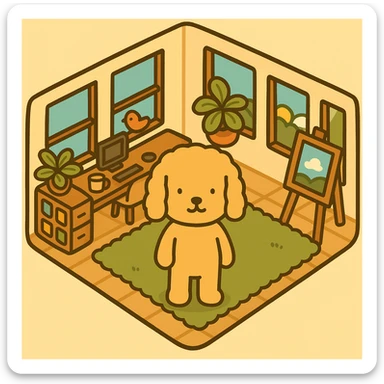 Add the character from the second image (a cute dog with simple black outline and colors) standing on the rug, centered in the room of the first image. Maintain the same style, line, and colors as the character in the second image, blending naturally into the first image's scene. sticker