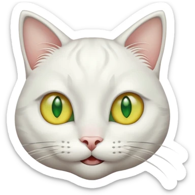 Realizar emoticonon de gato blanco con tonos gris claro solo carita sonriendo muy feliz ojos grandes de color verde con amarillos sus hijos  y bigotes largos  sticker
