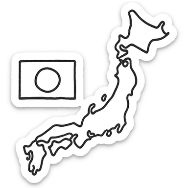 hand-drawn map of Japan with Japanese flag sticker