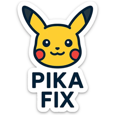 icon of Pikachu's head with the text 'PIKA' in uppercase below and 'FIX' in uppercase below that, clear and cute style sticker