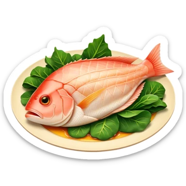 Cinematic fresh snapper fillet, pan-seared to golden perfection, soft and flaky texture, resting on a bed of sautéed greens, warm glowing background, refined and elegant. sticker
