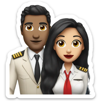 Flight attendant with long black hair, red lips and white skin with a pilot man with beige skin and black hair sticker