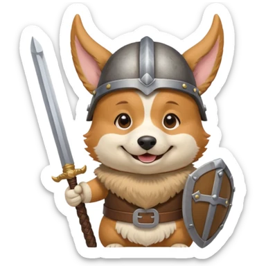 corgi with viking helmet and sword behind sticker
