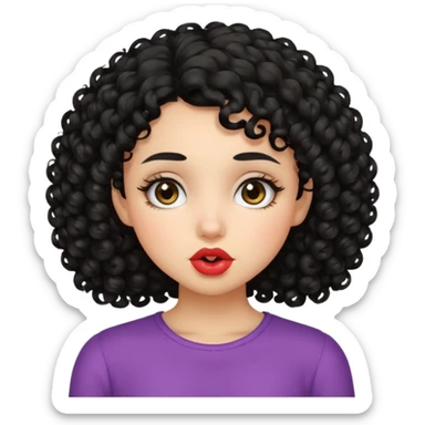 make a girl with black curly hair and dark brown eyes and soft features and make a kissy face sticker