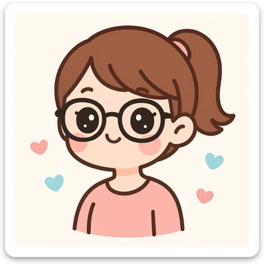 a woman with chestnut hair tied in a ponytail and black frame glasses, kawaii style sticker