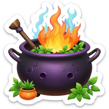 Cauldron with herbs, plants, flowers and fire sticker