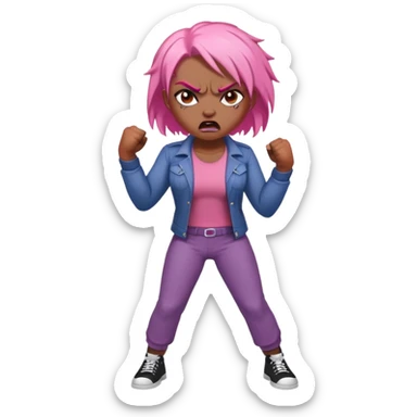 full body angry feminist with half bald head and half pink hair, extremely angry facial expression, fists clenched, aggressive stance sticker