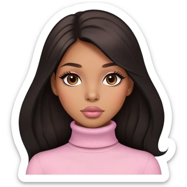 light brown skin tone, very beautiful woman, with big plump lips, long long lashes, black straight long hair, brown eyes, light pink turtle neck sticker