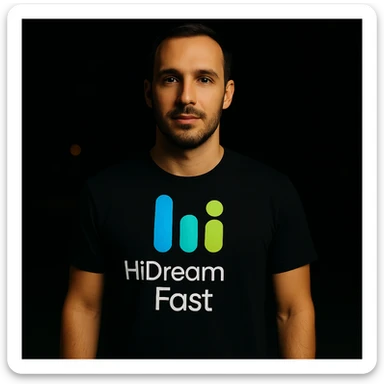 man wearing tshirt with this logo, dark night background with dim , add fast below logo, make man fit into image, add fast insead pf the dev keep rest same sticker