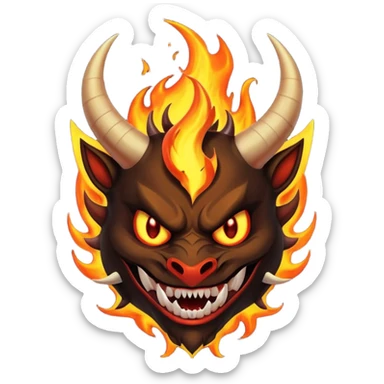 Create a dark-themed emoji of a demonic face with sharp, curved horns, glowing white eyes, an evil grin with large pointed fangs, and abstract flame-like patterns around the face.  sticker