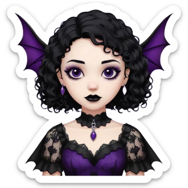 A girl with a goth vampire look in a goth lace batwings shaped sleeves dress black curly hair  sticker
