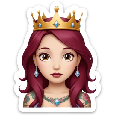 Beautiful tattooed long burgundy haired girl wearing a princess crown sticker