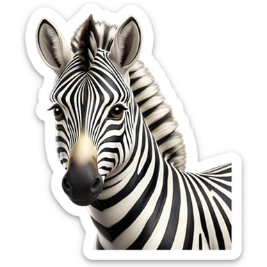 Cinematic Noble Zebra Portrait Emoji, Poised and regal, with a lean, elegant build and a striking Fur of bold black and white stripes, deep-set soulful piercing eyes, Simplified yet sharp and sophisticated features, highly detailed, glowing with a soft, dignified glow, high shine, intelligent and graceful, stylized with an air of savannah chic, focused and attentive, soft glowing outline, capturing the essence of a watchful and confident equine, so majestic it feels as though it could gallop out of the screen with effortless authority! sticker