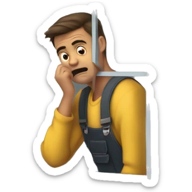 guy holding a radio box over his head outside of another guys window while looking sad and crying and the guy in his room looking out the window looks angry sticker