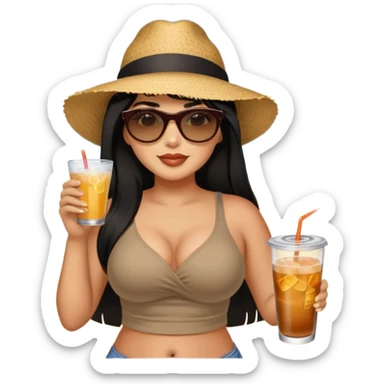 Latina female with bangs black long hair plus size in the beach with a drink sticker