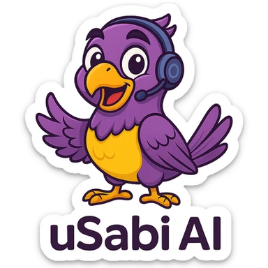 cheerful Nigerian parrot mascot for 'uSabi AI' with expressive eyes, purple and yellow feathers, subtle tech element like a headset, modern and playful style sticker