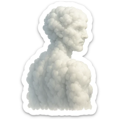person fully made of voluminous clouds, shoulder view, looking straight, no background sticker
