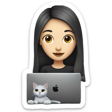 A white skin girl with black hair is working at the laptop with a coffee and a grey cat sticker