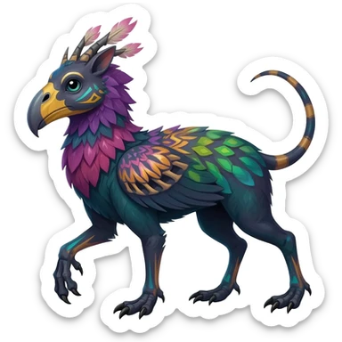 Rare colorful gradients colored realistic dark edgy glossy shiny tropical tribal patterned feathery skeletal badass epic pretty beautiful handsome gorgeous aesthetic colorful vibrant Vernid-Trico-species-Fakemon-creature by LiLaiRa, 4 legs, 1 tail, random markings, (full body) sticker