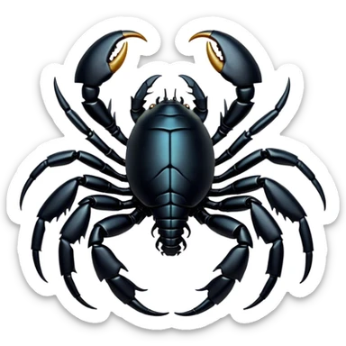 Cinematic Noble Emperor Scorpion Portrait Emoji, Poised and formidable, with a robust, armored build and a glossy, jet-black exoskeleton accented by striking, segmented pincers, deep-set piercing eyes, Simplified yet sharp and sophisticated features, highly detailed, glowing with a cool, dignified glow, high shine, intelligent and imposing, stylized with an air of ancient desert majesty, focused and attentive, soft glowing outline, capturing the essence of a watchful and commanding scorpion that feels as though it could silently creep out of the screen with effortless authority! sticker