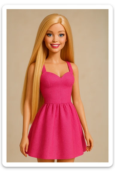 Barbie doll with long straight blonde hair, pink dress, smiling, standing pose sticker