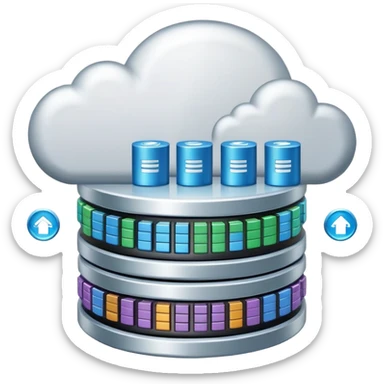 An icon featuring a database server, stacked data disks, and a cloud symbol, representing databases. The design includes binary code, a data structure diagram, and network connections, symbolizing data storage, management, and organization. Transparent background sticker