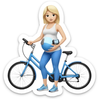 Woman blonde hair white tank top blue leggings pregnant belly holding a bike pump sticker