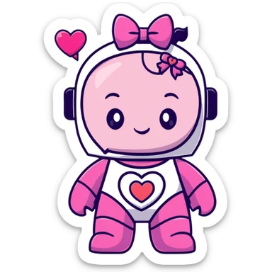 adorable pink robot girl with a hair bow and heart patterns sticker