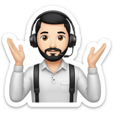 Man with black hair, brown eyes, and black beard wearing gaming headset and applauding sticker