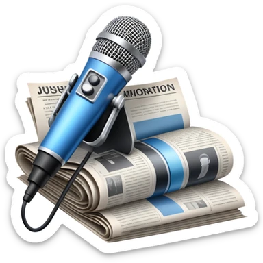 An icon featuring a microphone, a newspaper, a reporter’s camera, and soundwaves, representing journalism and mass media. The design includes headlines and imagery, symbolizing the spread of news and information. Transparent background highlights the power of communication and media. sticker