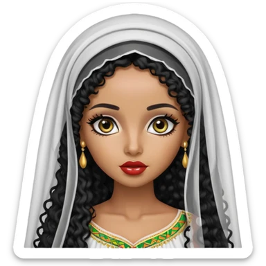 Ethiopian, pretty features, pretty lips, Ethiopian clothes, veil, medium skin, long black curly hair, pretty bratz baddie, black eyeliner sticker