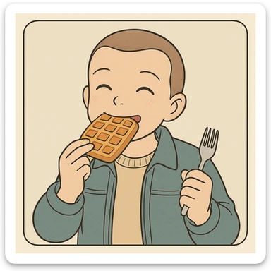 Eleven from Stranger Things eating a waffle, shaved hair, wearing a jacket, happy expression, simple line art with light pastel tones and thick outlines, in Ghibli style, 1:1 format, inspired by the provided references. sticker