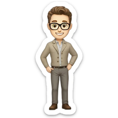 Joyful Pale skinned Fit Man With dark brown hair in gray jacket, beige office shirt, Brown pants and vintage glasses. His thrumbs up sticker