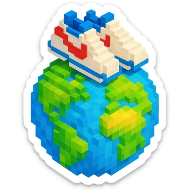isometric view of Earth globe with a pair of Nike Cortez sneakers walking on top, voxel style sticker