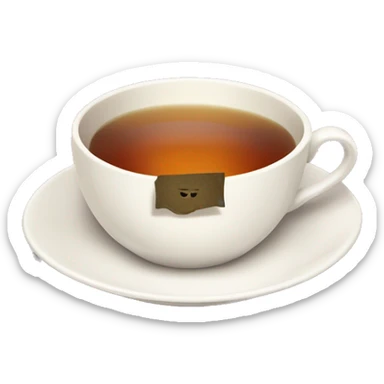 A cup of tea with a tea bag tag hanging off the side, resting on a saucer sticker